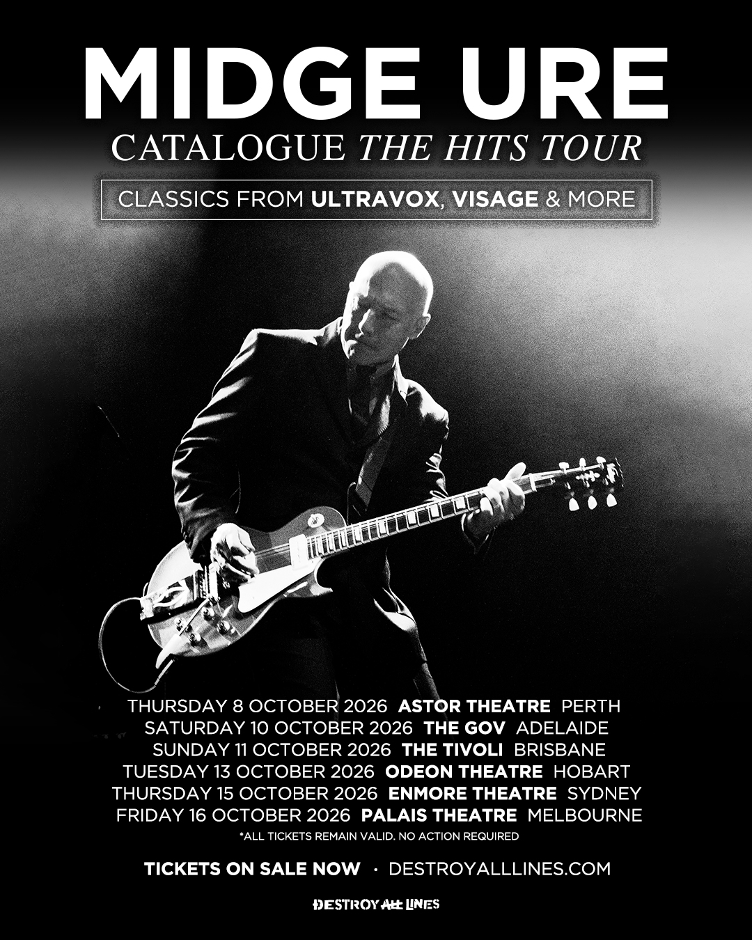 Tour poster for Midge Ure Catalogue The Hits Tour 2026 featuring Midge Ure playing electric guitar above Australian concert dates.